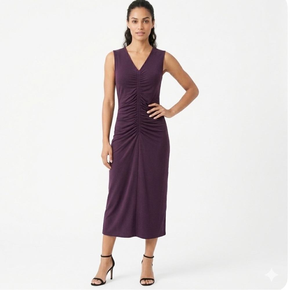 Calvin Klein Purple Ruched Jersey Knit Midi Sleeveless Dress Cocktail NWT S